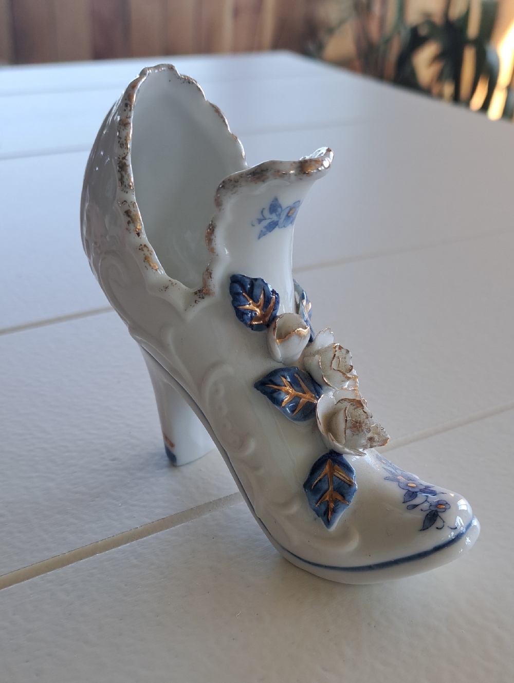 Vintage Lego Porcelain High Heel Shoe Planter Vase Blue White Made In Taiwan